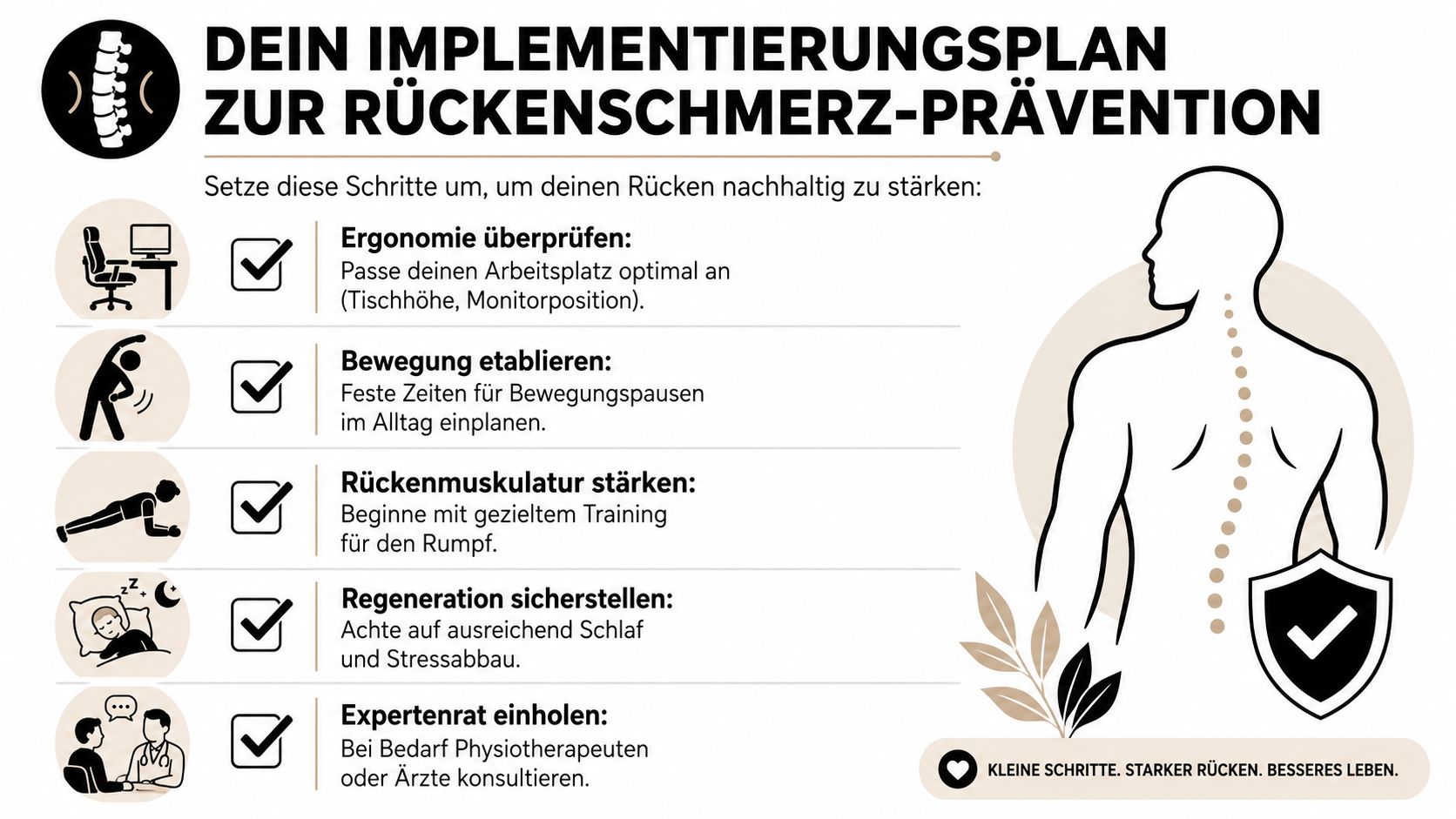 Eine Infografik mit fünf Schritten zur Prävention von Rückenschmerzen für einen gesunden und starken Rücken.