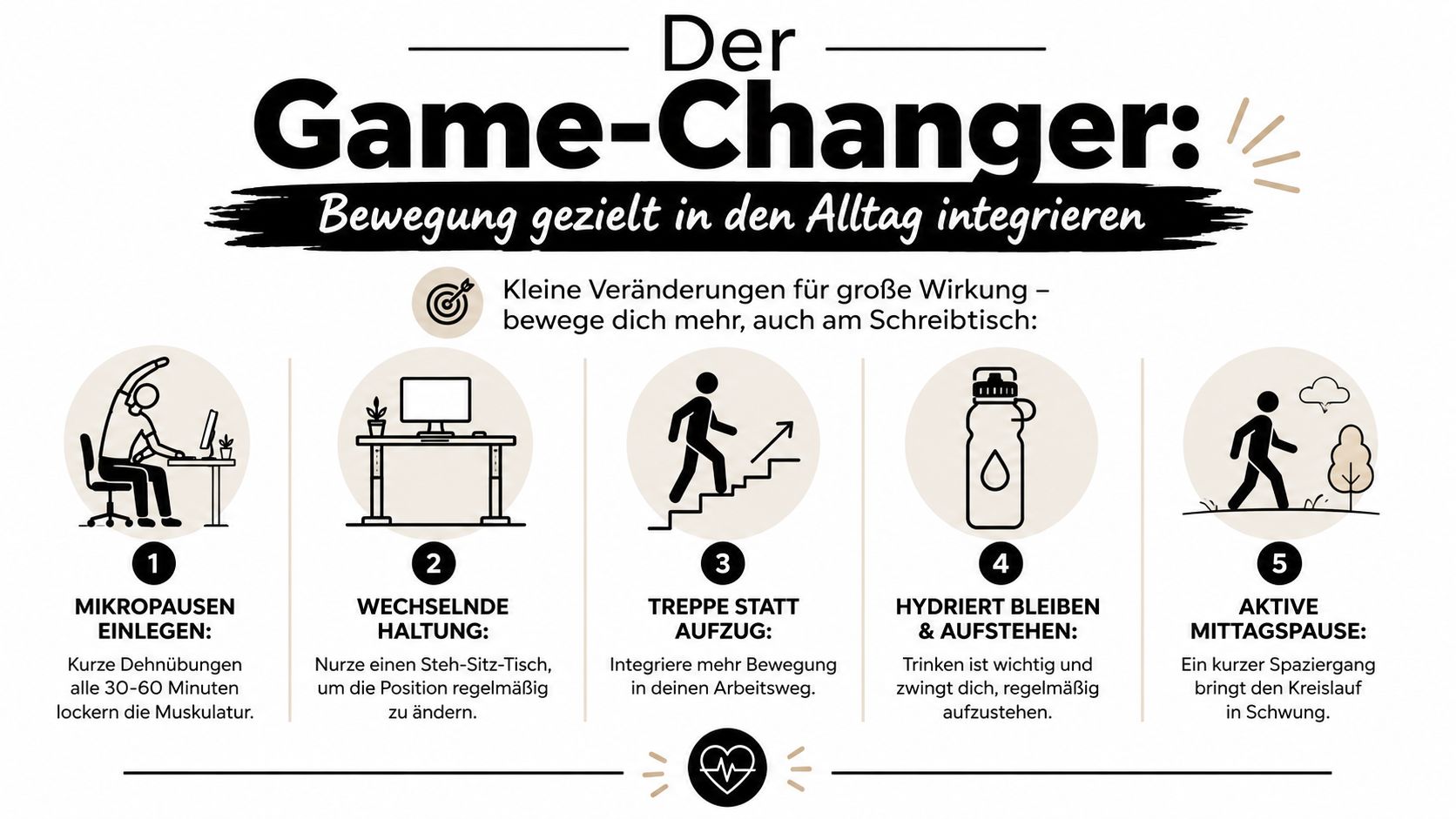 Infografik zeigt fünf einfache Tipps für mehr Bewegung am Arbeitsplatz zur Prävention von Rückenschmerzen.