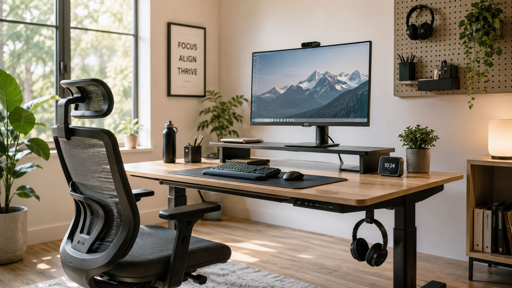 Ein moderner, ergonomischer Arbeitsplatz mit höhenverstellbarem Schreibtisch, Monitor und bequemem Bürostuhl für gesundes Arbeiten im Homeoffice.