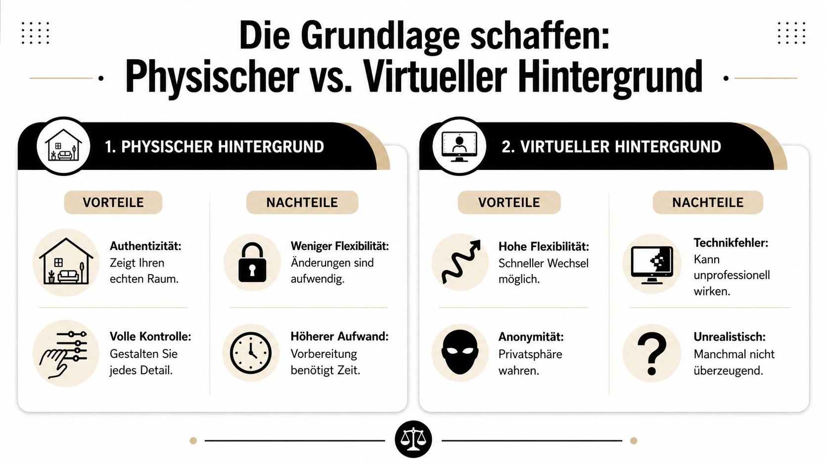 Vergleichsgrafik zwischen physischem und virtuellem Videokonferenz-Hintergrund mit Auflistung der jeweiligen Vor- und Nachteile in einer Übersicht.