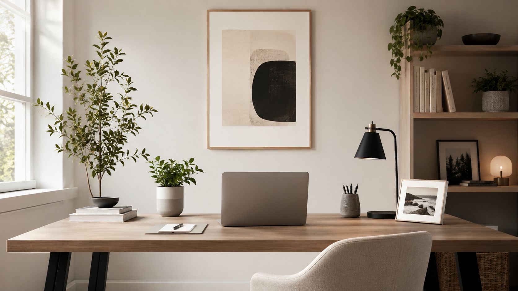 Ein moderner, aufgeräumter Arbeitsplatz mit Laptop, Pflanzen und minimalistischer Dekoration für ein stilvolles Home-Office.
