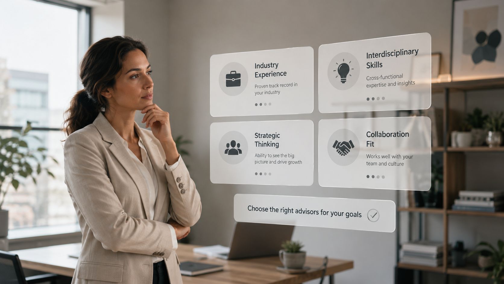 Eine Geschäftsfrau blickt nachdenklich auf eine digitale Benutzeroberfläche mit Auswahlkriterien für die professionelle Beratung und Strategieplanung.