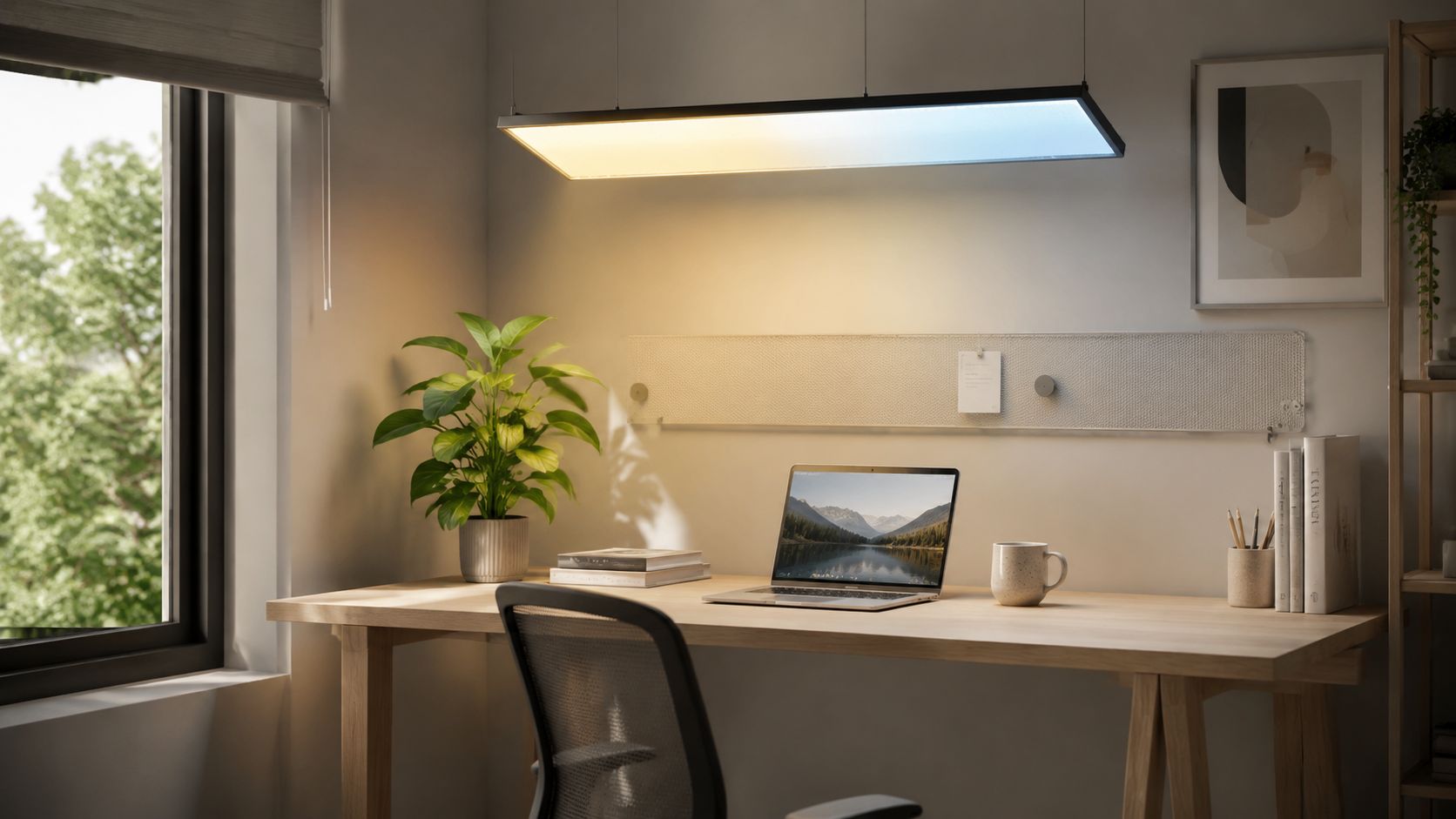 Ein moderner, heller Arbeitsplatz mit Schreibtisch, Laptop, Pflanze und einer hängenden Beleuchtung vor einem Fenster.
