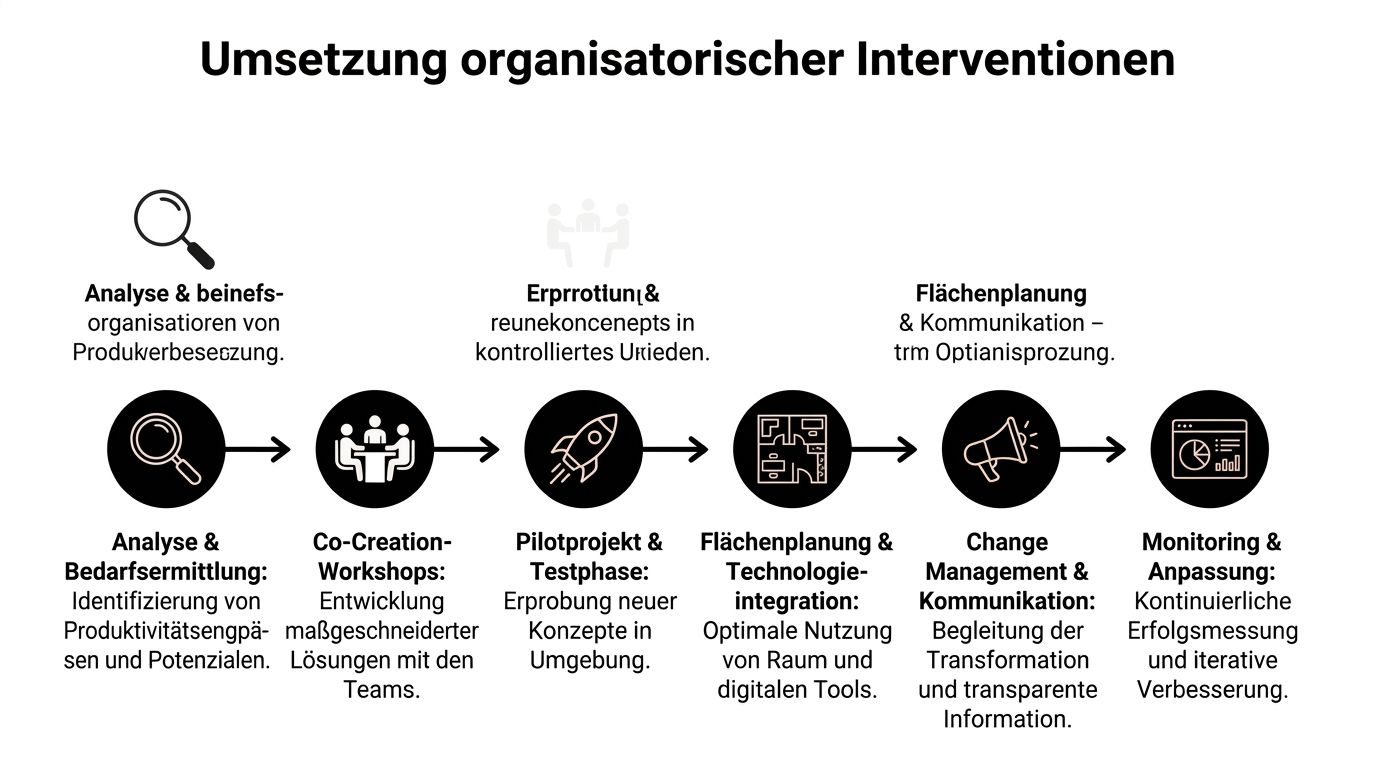 Prozessgrafik zur Umsetzung organisatorischer Interventionen zur Steigerung der Produktivität durch Analyse, Co-Creation und kontinuierliches Monitoring.