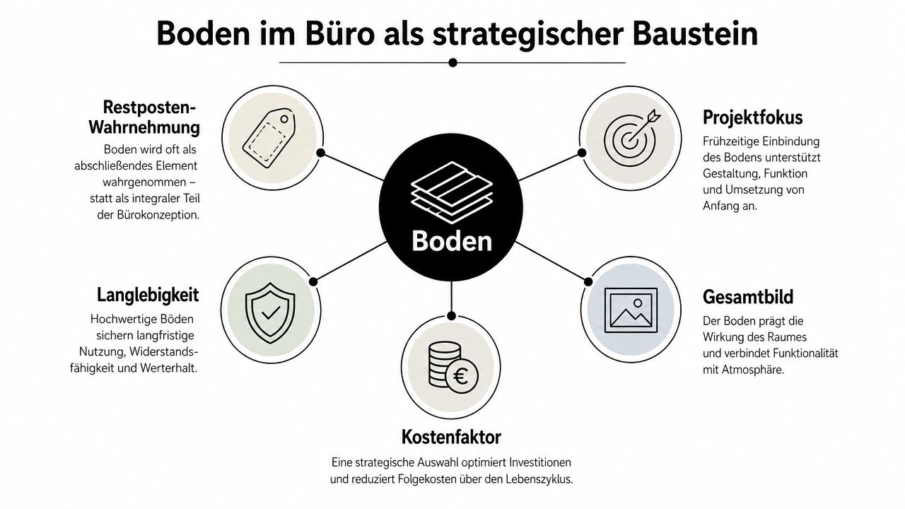 Eine Infografik zur strategischen Bedeutung von Bodenbelägen bei der modernen Gestaltung und Planung von Büroflächen.