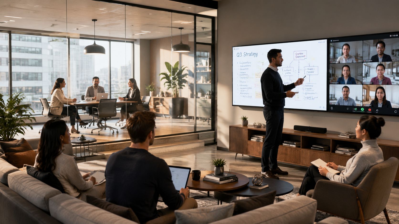 Ein professionelles Team führt eine hybride Besprechung in einem modernen Büro mit Videokonferenztechnik und Präsentation durch.