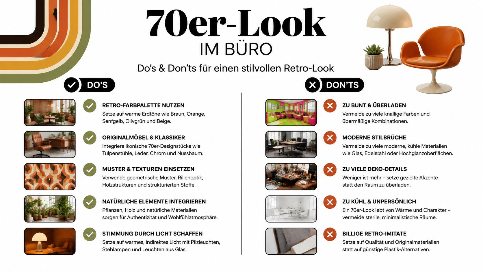 Eine Infografik mit Tipps zur Gestaltung eines Büros im 70er Jahre Retro-Stil mit Do's und Don'ts.