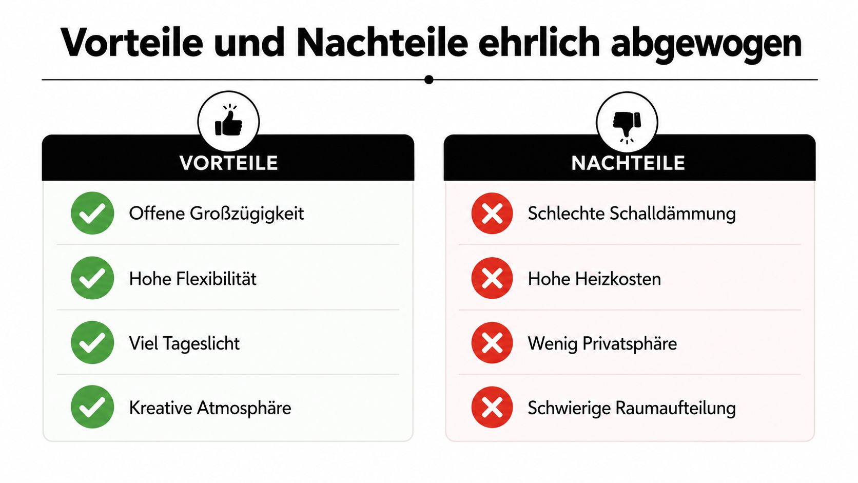 Eine Übersichtstabelle mit Vorteilen und Nachteilen von Loftwohnungen, dargestellt mit grünen Häkchen und roten Kreuzen.