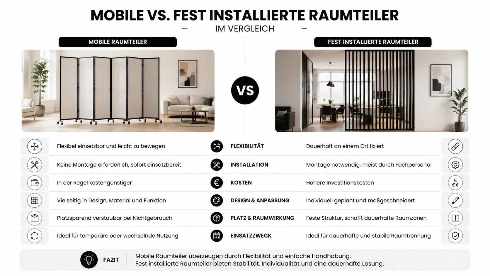 Vergleichsgrafik zwischen mobilen Raumteilern und fest installierten Raumtrennern hinsichtlich Flexibilität, Kosten, Installation und Einsatzzweck.