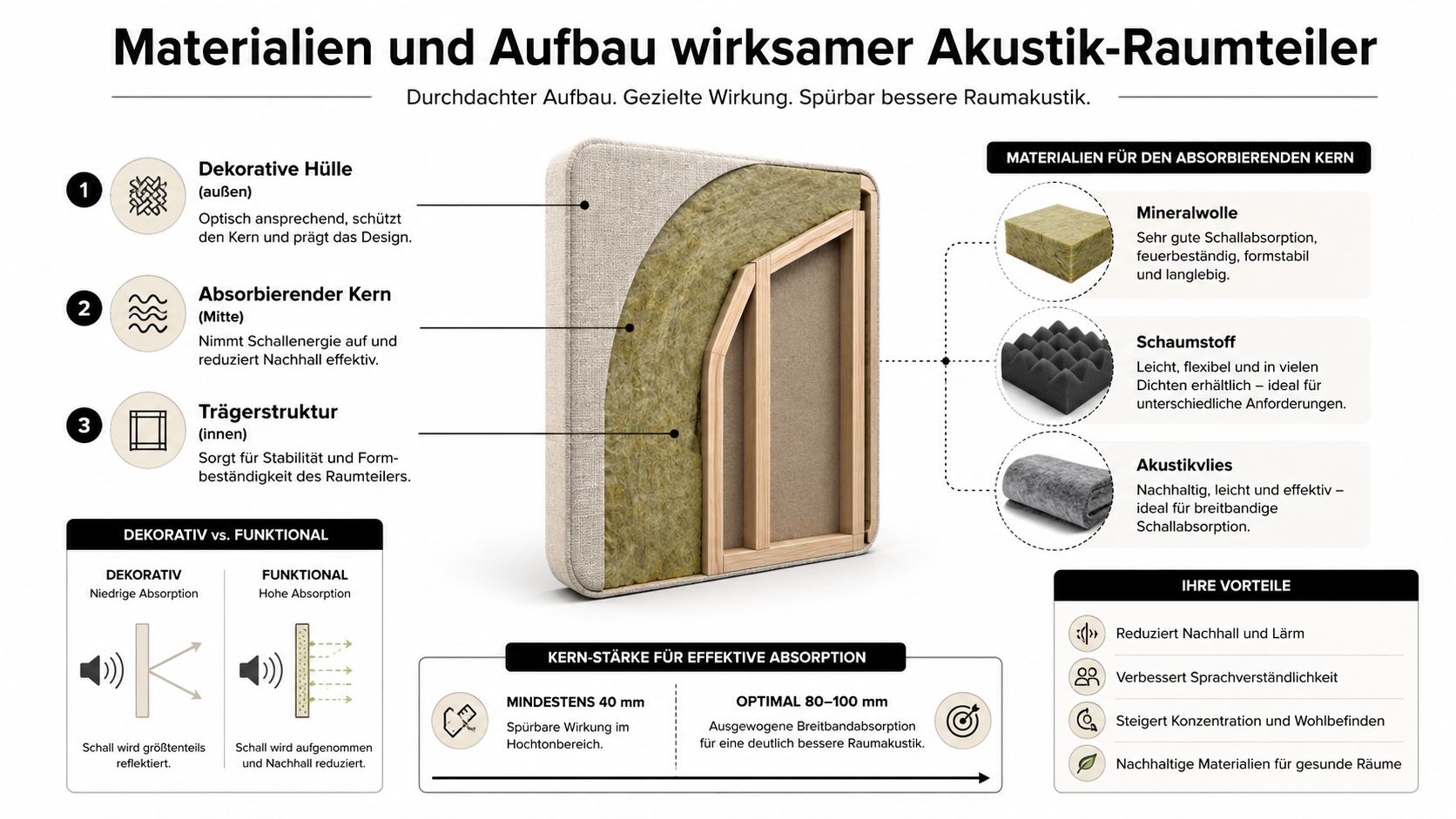 Informative Infografik zum Aufbau und den Materialien wirksamer Akustik-Raumteiler für eine verbesserte Raumakustik im Büro oder Wohnraum.