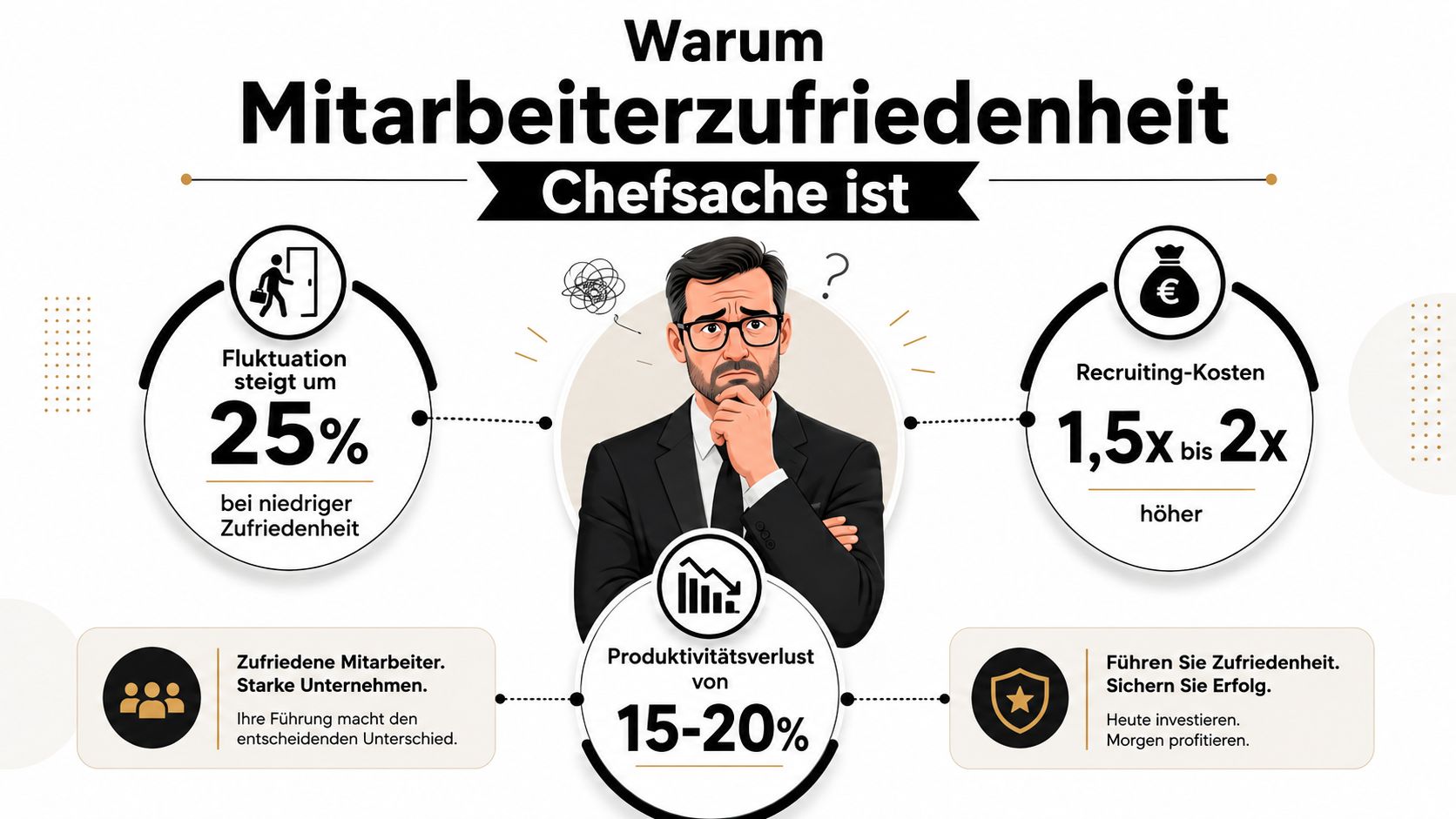 Infografik darüber, warum Mitarbeiterzufriedenheit Chefsache ist, inklusive Statistiken zu Fluktuation, Recruiting-Kosten und Produktivitätsverlust durch unzufriedene Mitarbeiter.