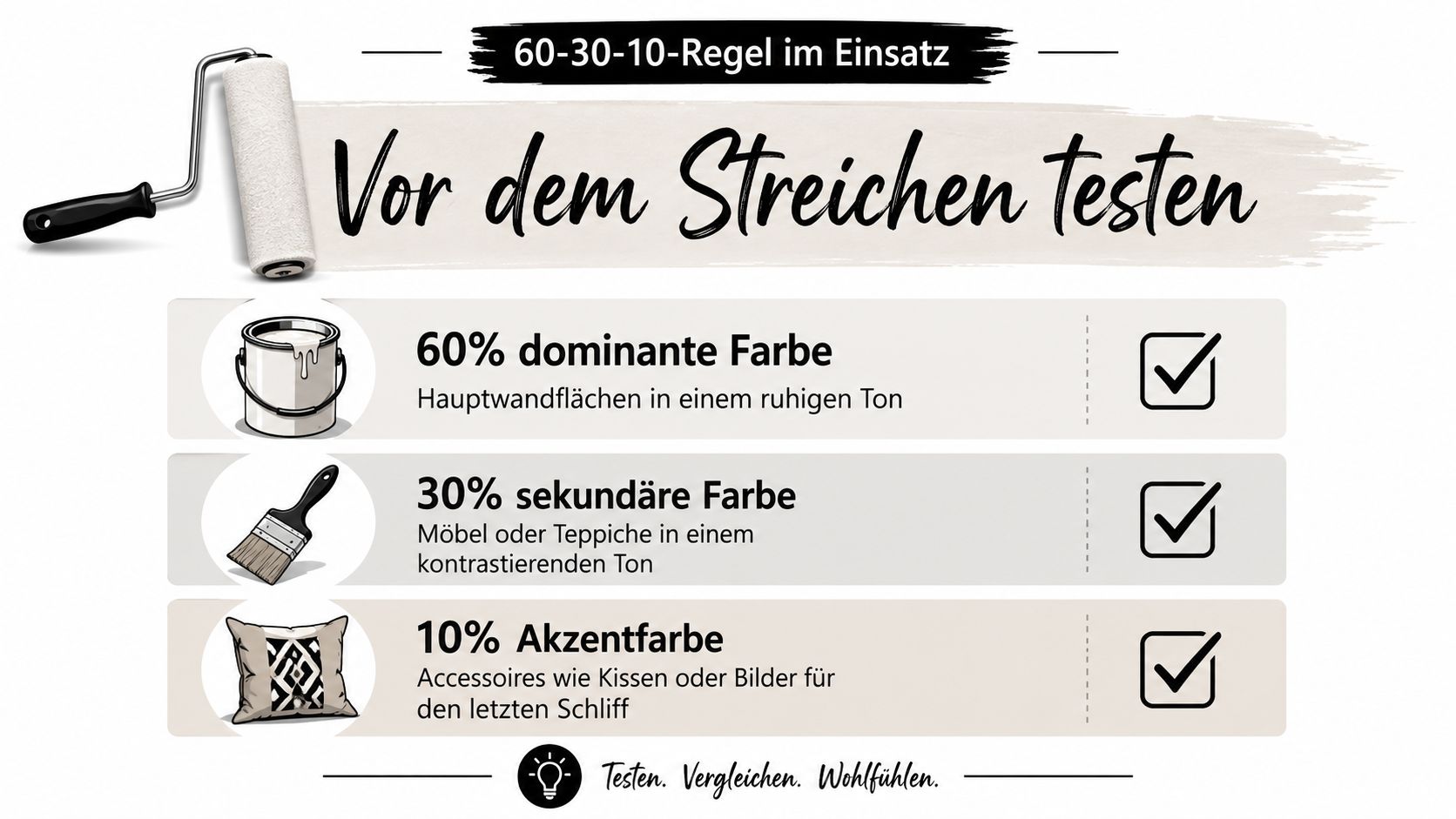 Eine Infografik erklärt die 60-30-10-Regel für die harmonische Farbgestaltung von Innenräumen und Wohnungen durch gezielte Farbkombinationen.