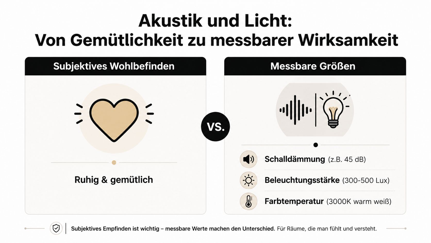 Grafik zum Vergleich zwischen subjektivem Wohlbefinden und messbaren Werten für Akustik und Licht im Innenraum.