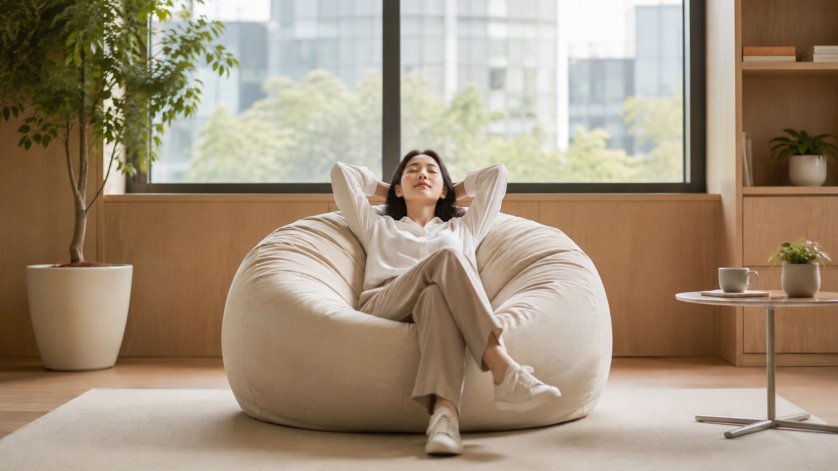 Eine junge Frau entspannt sich in einem bequemen Sitzsack in einem modern eingerichteten, hellen Wohnzimmer.