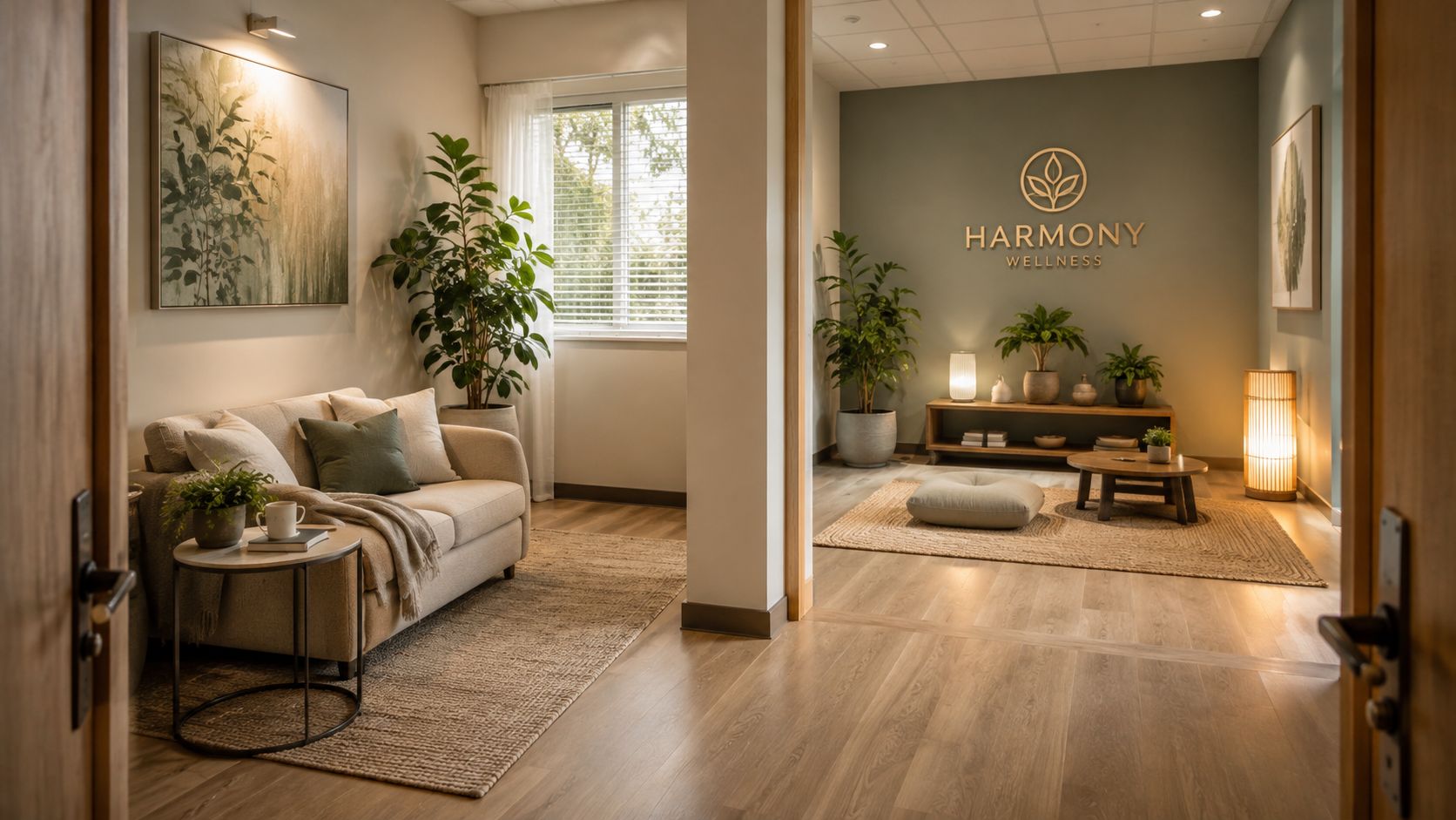 Ein friedlicher Wellness-Raum mit bequemen Sitzgelegenheiten, beruhigenden Erdtönen und dekorativen Pflanzen für eine entspannte Atmosphäre.