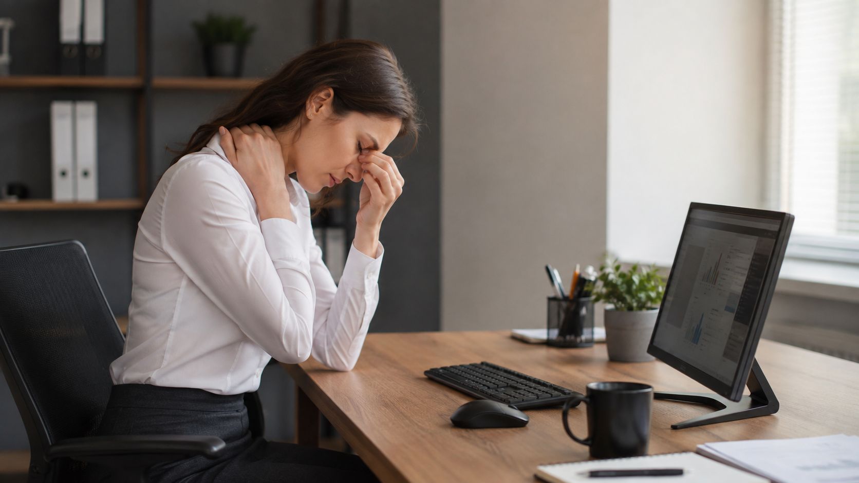 Eine gestresste Büroangestellte sitzt an ihrem Schreibtisch und hält sich schmerzbedingt die Nackenmuskulatur sowie die Augen.