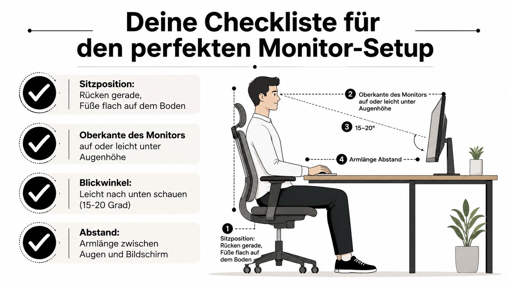 Grafik zur Anleitung für die korrekte Sitzposition und Monitor-Höheneinstellung an einem ergonomischen Arbeitsplatz im Büro.