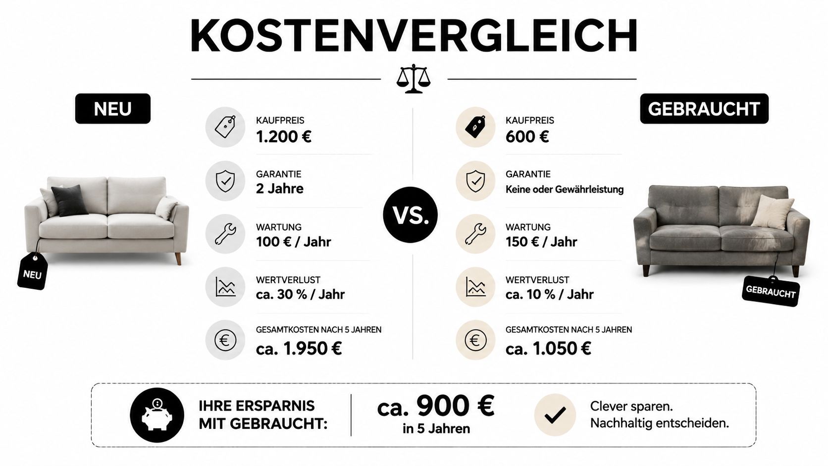 Ein grafischer Kostenvergleich zwischen dem Kauf eines neuen und eines gebrauchten Sofas über fünf Jahre.