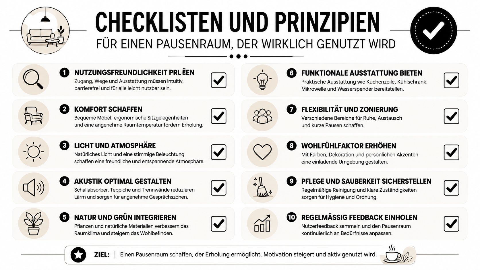 Eine Infografik mit zehn Tipps zur Gestaltung eines attraktiven und funktionalen Pausenraums für Mitarbeiter am Arbeitsplatz.