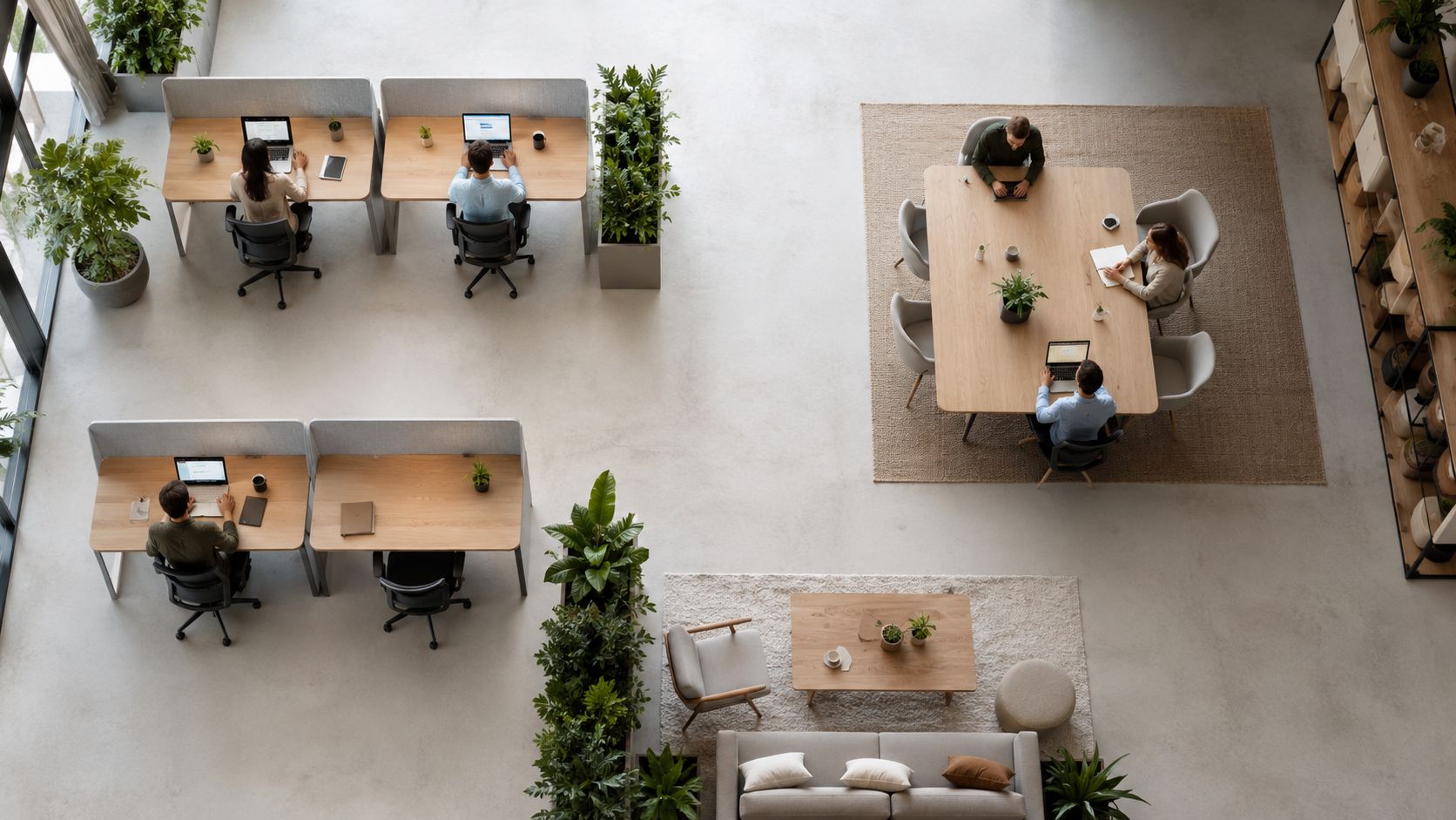Draufsicht auf ein modernes, helles Büro mit Mitarbeitern an ihren Schreibtischen und einer gemütlichen Lounge-Ecke.