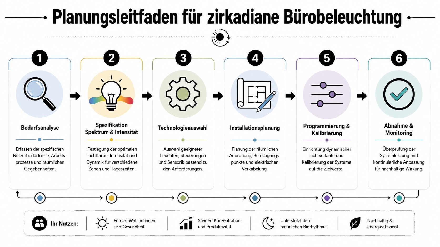Ein sechsstufiger Planungsleitfaden für zirkadiane Bürobeleuchtung, der den Prozess von der Bedarfsanalyse bis zur abschließenden Überwachung darstellt.