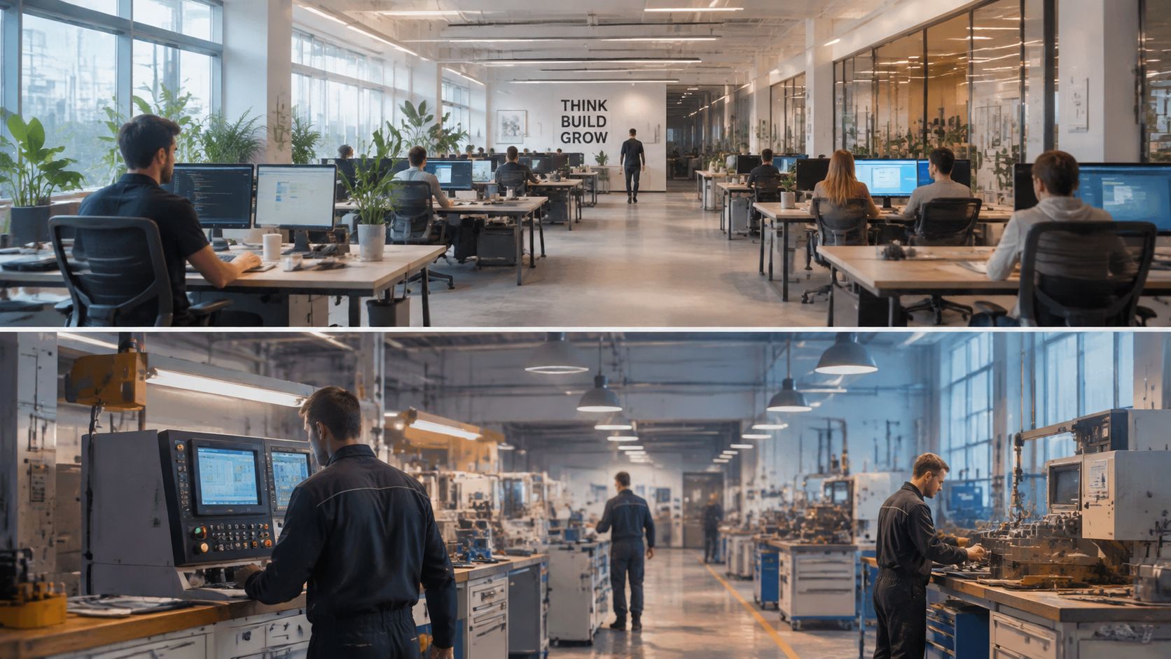 Ein Vergleich zwischen einem modernen Büro mit Computern und einer industriellen Fertigungshalle mit Arbeitern an Maschinen.