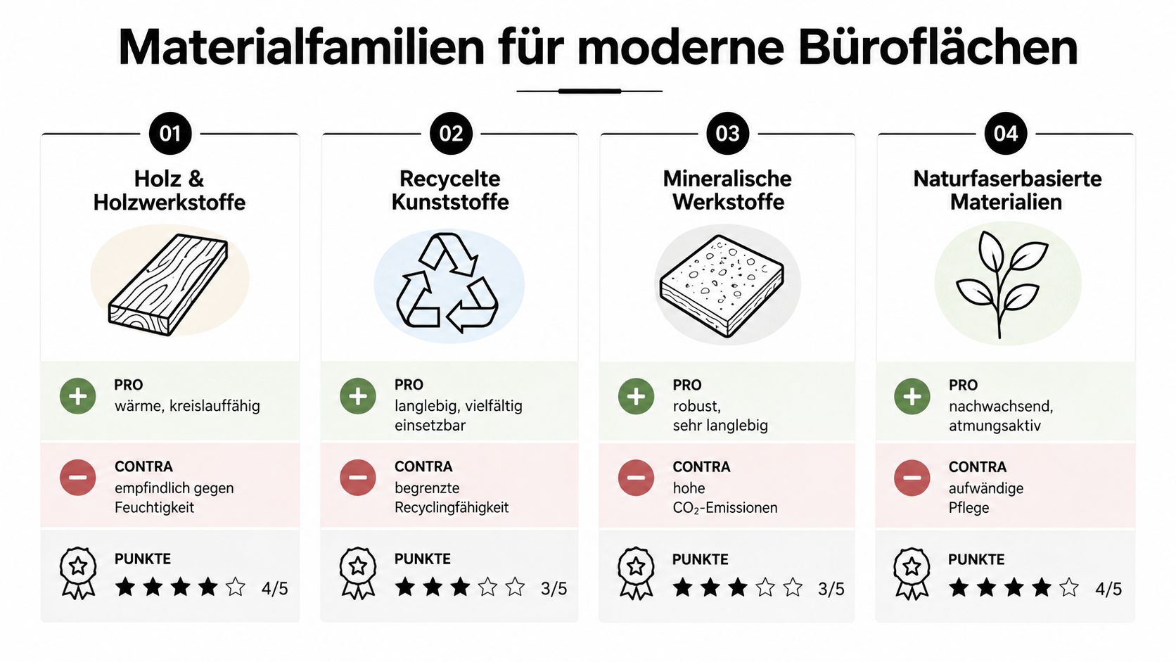 Übersicht verschiedener Materialfamilien für moderne Büroflächen mit ihren jeweiligen Vor- und Nachteilen sowie einer Bewertung in Punkten.
