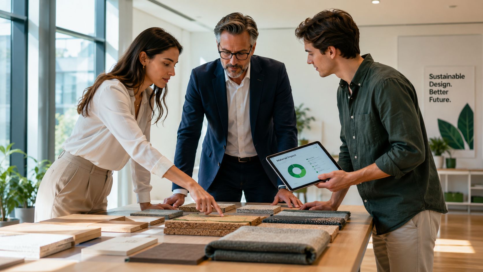 Ein professionelles Team bespricht gemeinsam nachhaltige Materialien und deren ökologische Auswirkungen in einem modernen Büro.