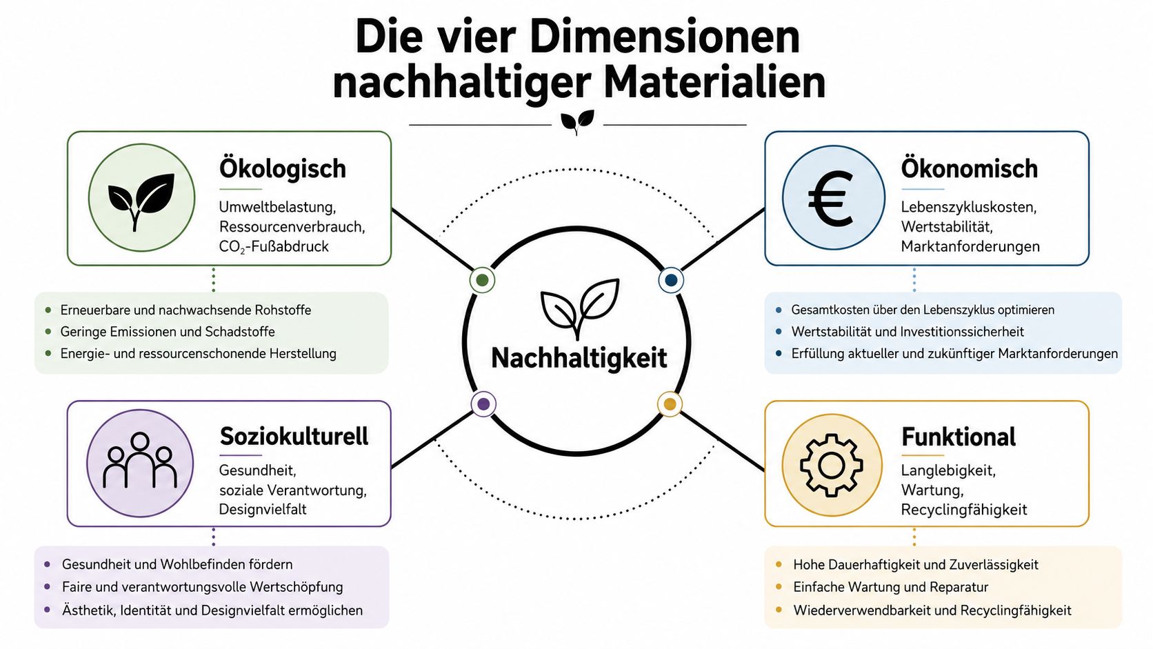 Eine Infografik, die die vier Dimensionen nachhaltiger Materialien: ökologisch, ökonomisch, soziokulturell und funktional übersichtlich darstellt.