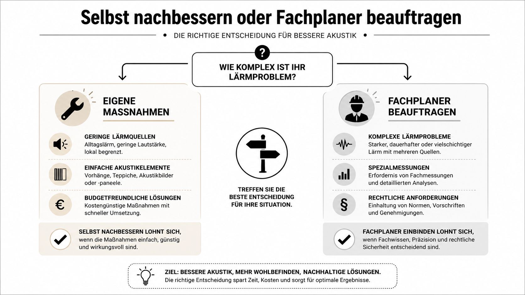 Ein Entscheidungsbaum zur Wahl zwischen eigenen akustischen Maßnahmen oder der Beauftragung eines Fachplaners bei Lärmproblemen.