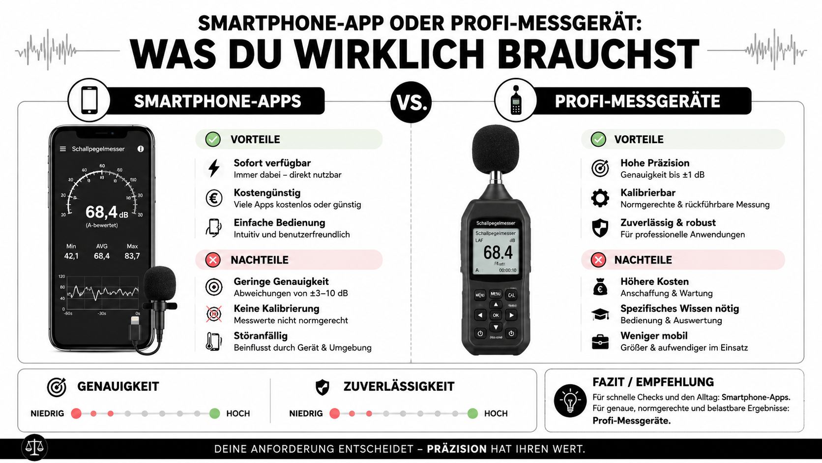Vergleichsgrafik zwischen Smartphone-Apps und professionellen Schallpegelmessern zur Messung der Lärmbelastung im Alltag und Beruf.