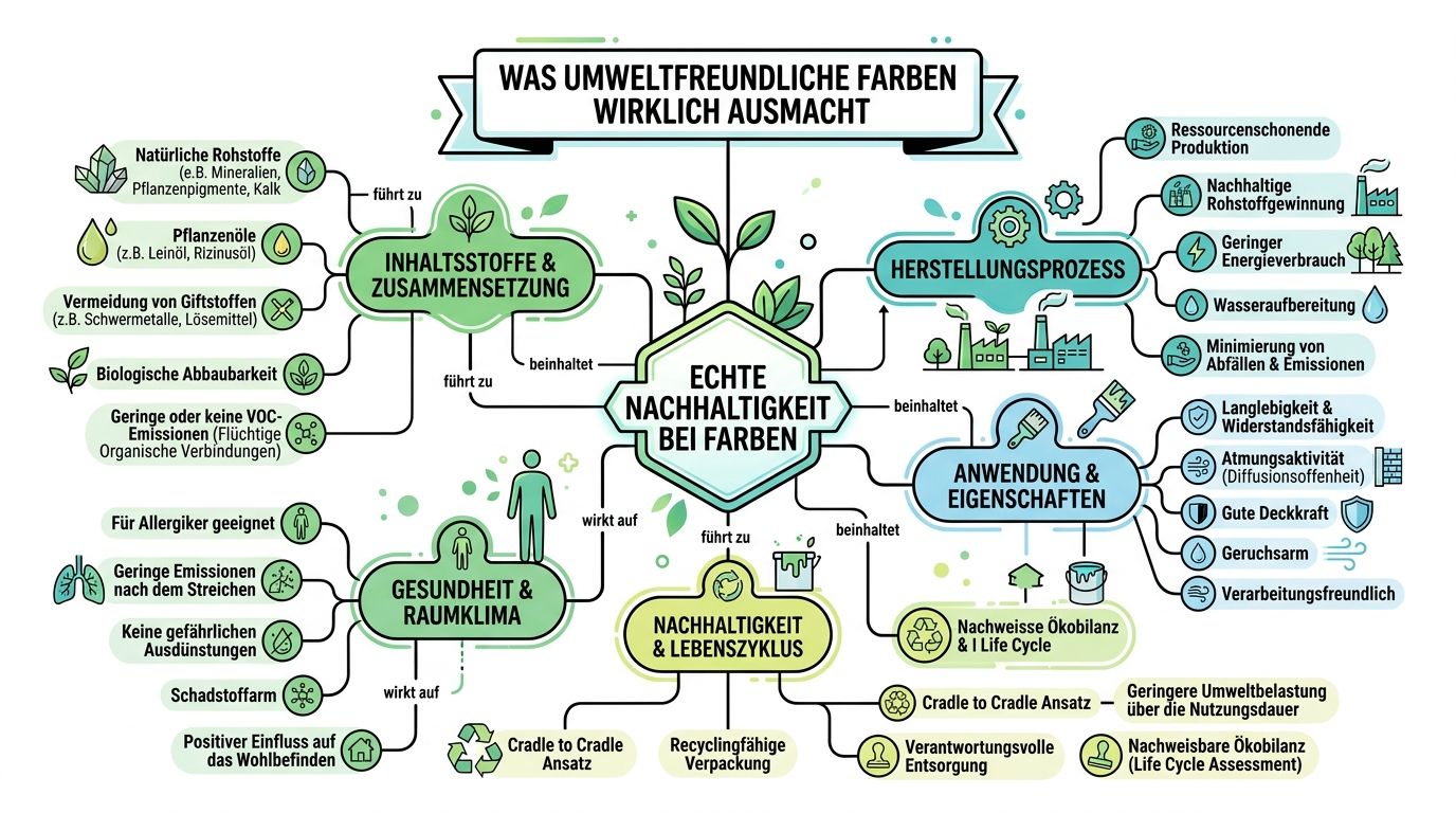 Eine Infografik erklärt die Merkmale und Kriterien echter Nachhaltigkeit bei umweltfreundlichen Farben für ein gesundes Raumklima.