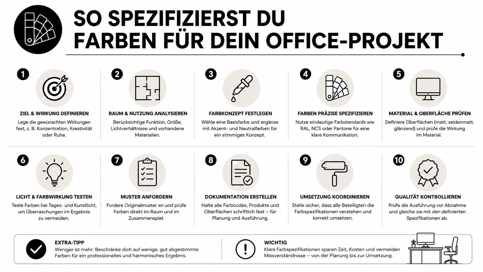Eine Infografik mit zehn Schritten zur professionellen Farbspezifikation für moderne Büroprojekte und Innenarchitekturplanung.