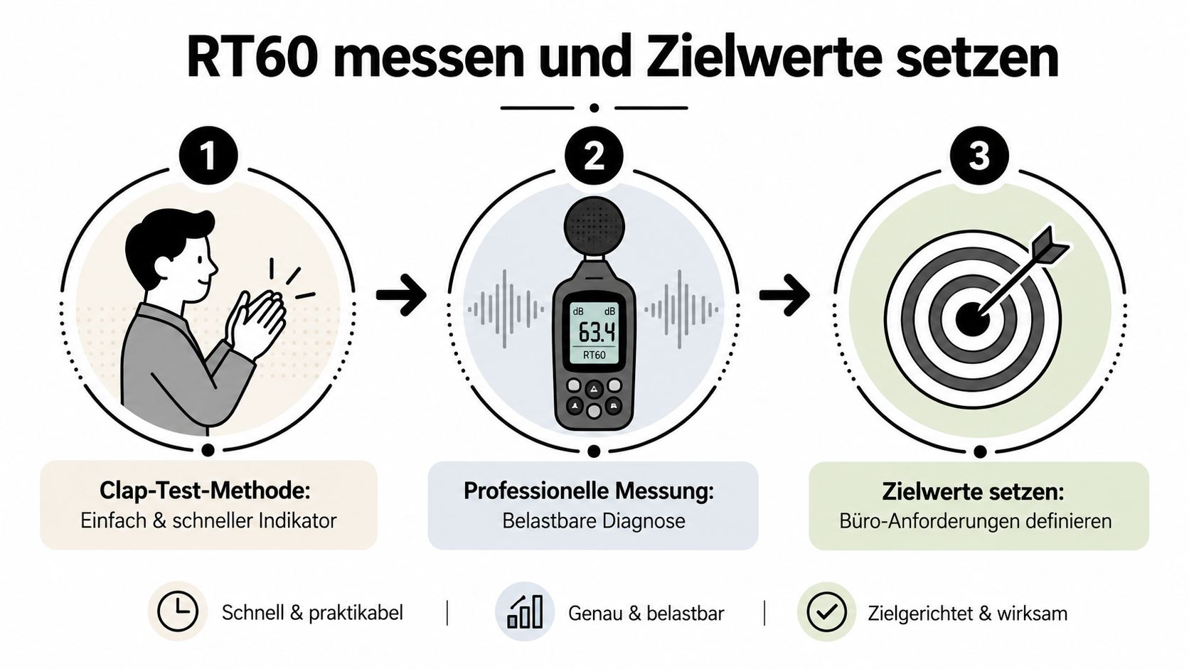 Infografik zur Messung der Nachhallzeit RT60, unterteilt in Clap-Test, professionelle Messung und Zielwertdefinition für Büroräume.