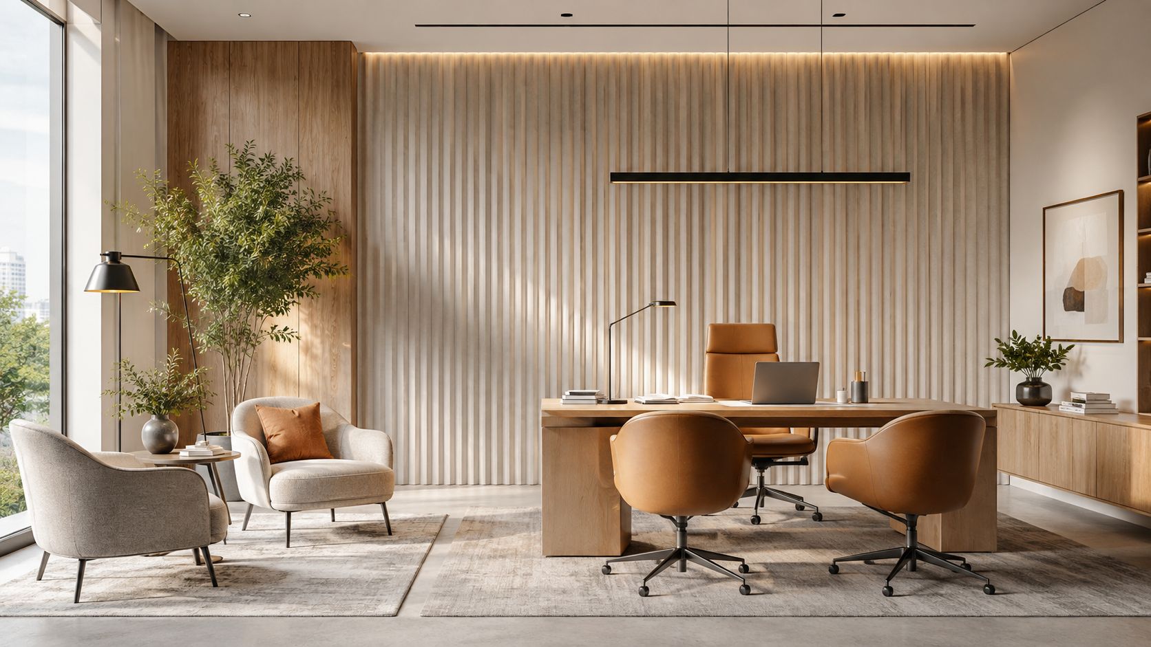 Modernes, elegantes Startup-Büro mit hellen Holzvertäfelungen, schicken Ledersesseln und einem minimalistischen Schreibtisch in einem lichtdurchfluteten Raum.