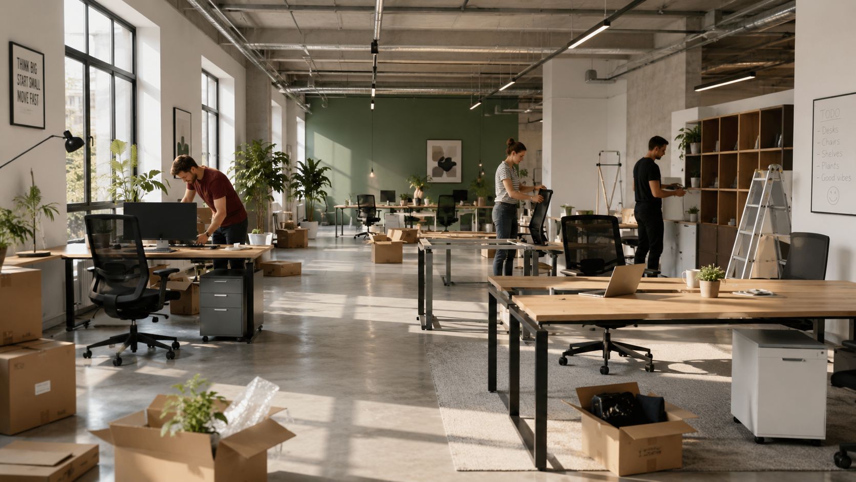 Ein helles, modernes Startup-Büro, in dem Mitarbeiter ihre Arbeitsplätze einrichten und Kartons für den Umzug auspacken.