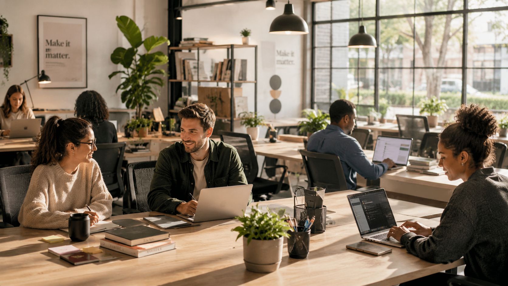 Ein diverses Team arbeitet konzentriert an Laptops in einem modernen, hellen und freundlich eingerichteten Coworking-Büro zusammen.