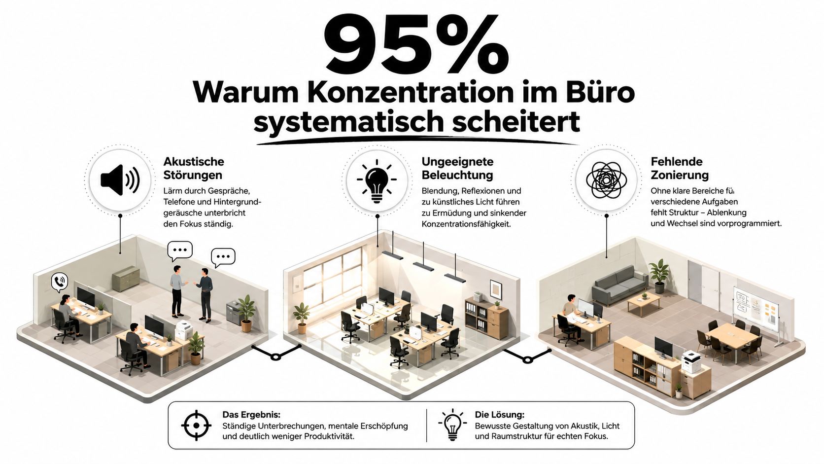 Infografik über drei typische Büroprobleme, die die Konzentration und Produktivität am Arbeitsplatz negativ beeinflussen.