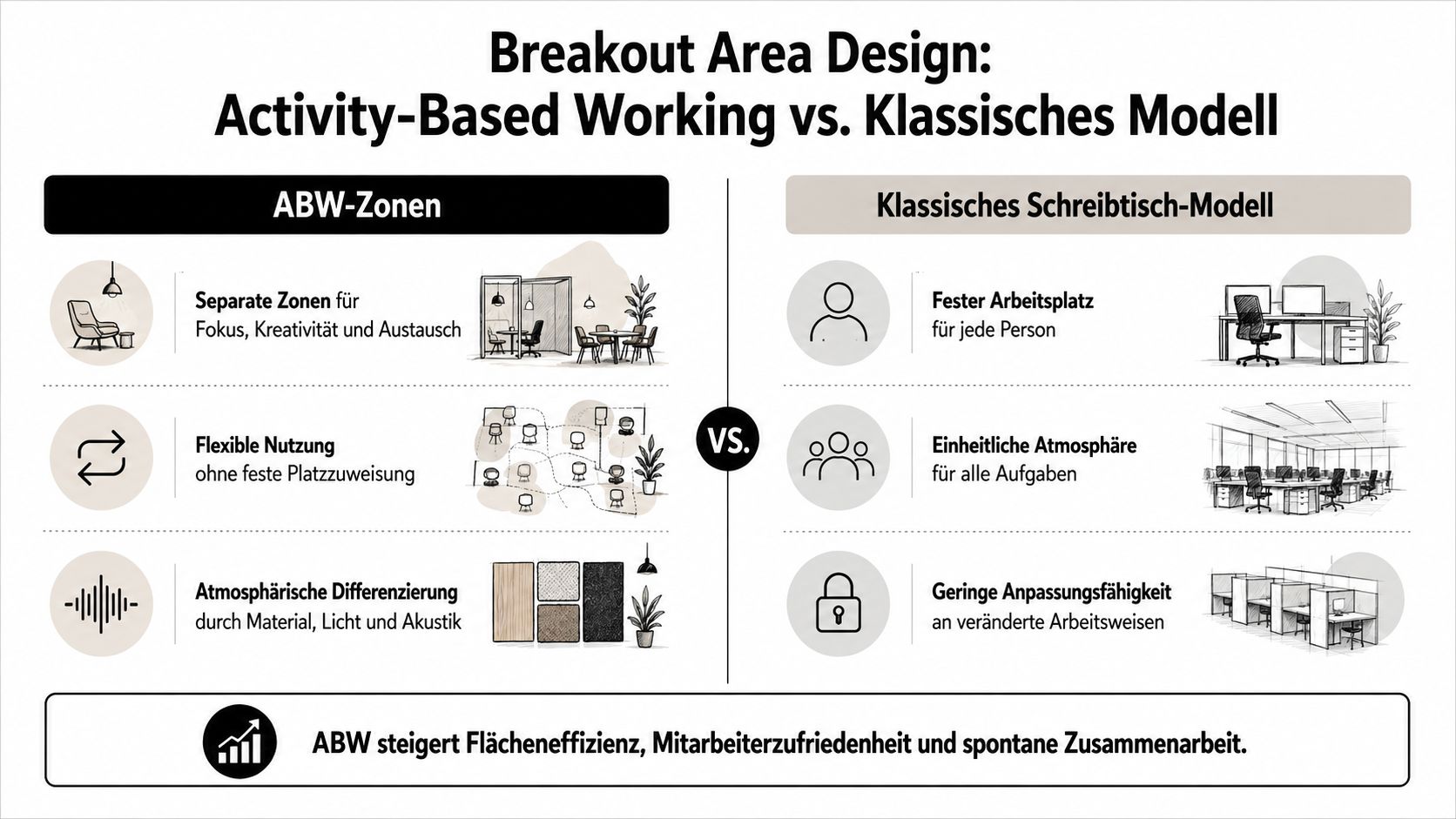 Vergleich zwischen Activity-Based Working und klassischem Bürodesign mit Fokus auf Flexibilität, Raumzonierung und Mitarbeiterzufriedenheit im modernen Arbeitsumfeld.