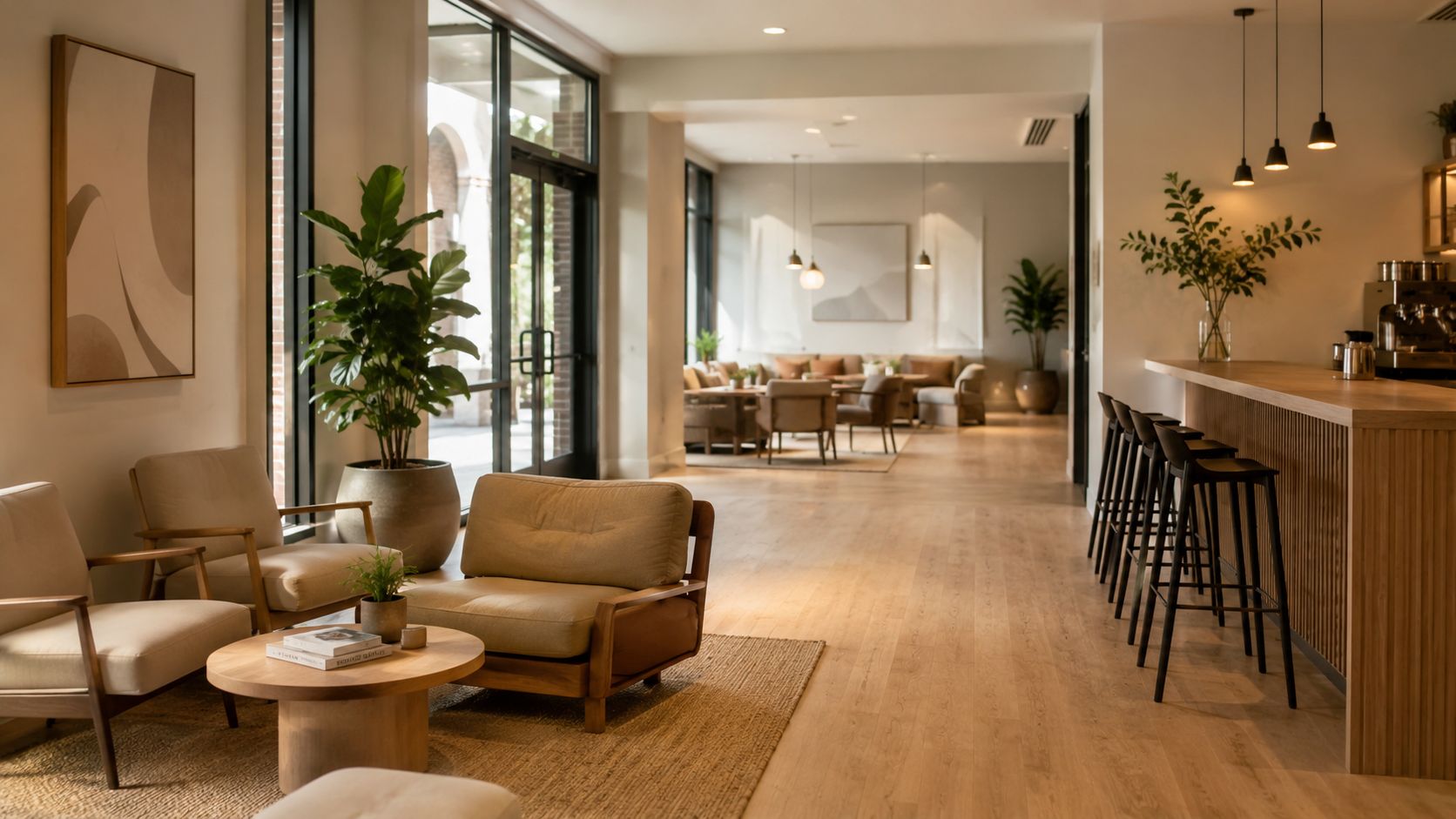 Ein moderner Lounge- und Pausenbereich mit bequemen Sesseln, Holztischen, Pflanzen und einer schicken Bar für entspanntes Arbeiten.