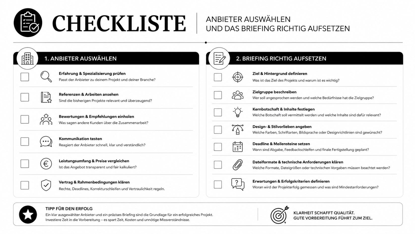 Eine Checkliste in deutscher Sprache für die Auswahl von Dienstleistern und das Erstellen professioneller Projekt-Briefings.