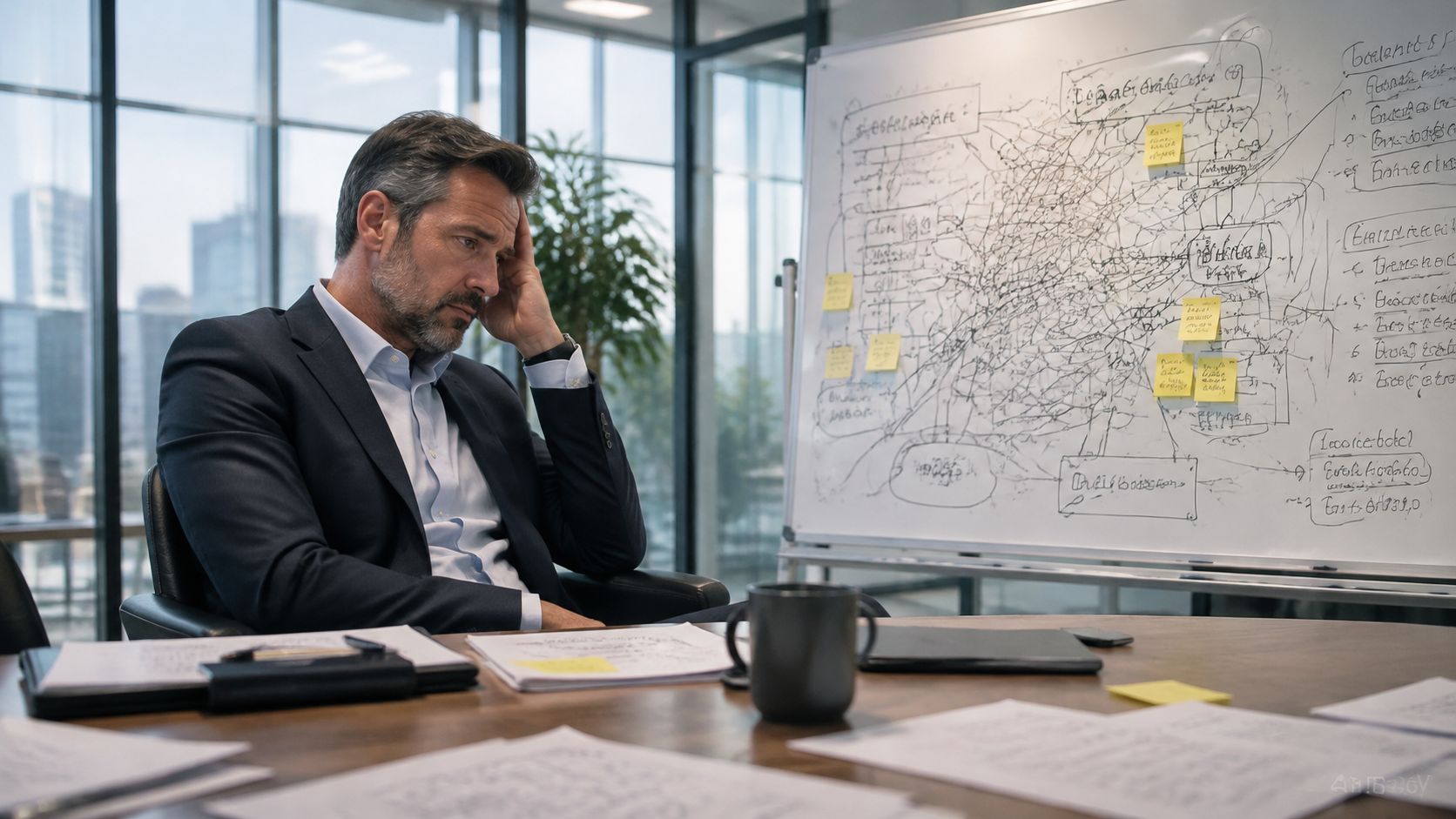 Ein nachdenklicher Geschäftsmann sitzt in einem Büro vor einem Whiteboard voller komplexer Skizzen und Notizen.