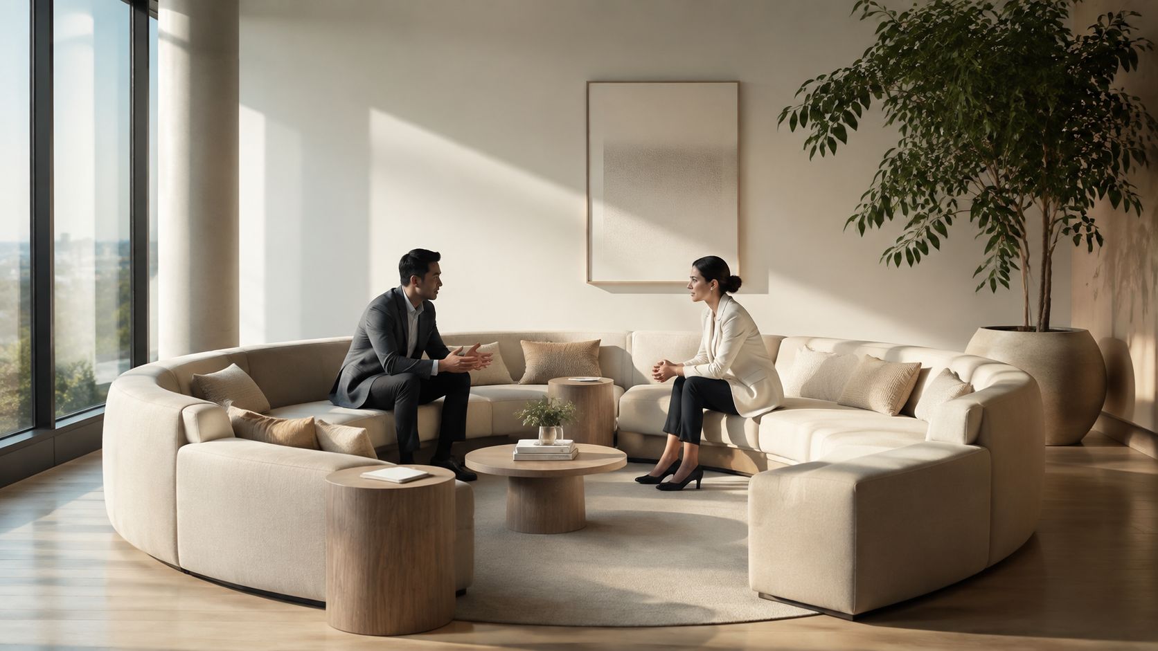 Zwei professionelle Kollegen sitzen in einem eleganten, modernen Büro und führen ein konstruktives Gespräch in einem Loungesessel.