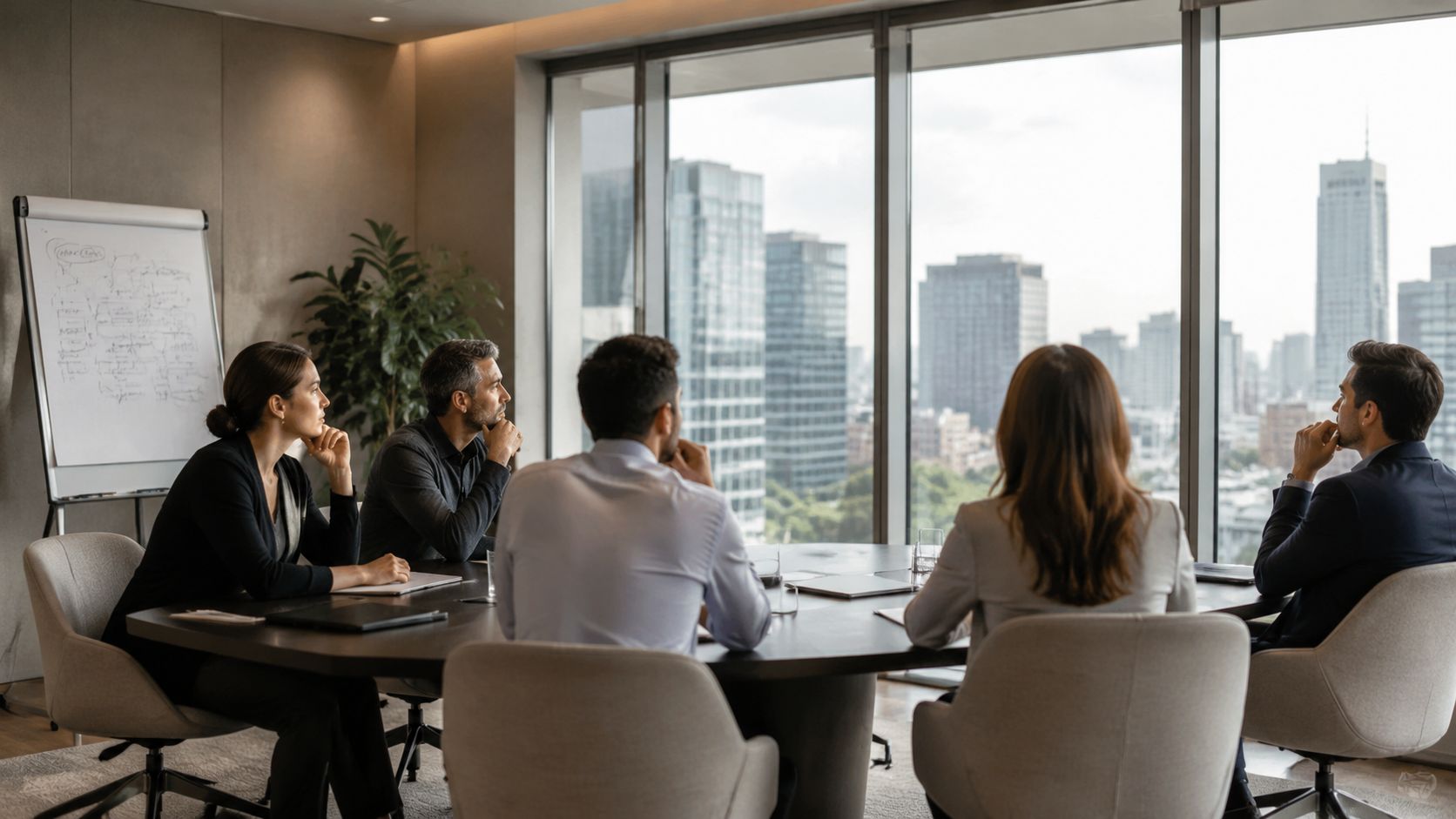 Ein professionelles Team sitzt in einem modernen Konferenzraum und bespricht während eines Strategieworkshops die Unternehmensziele.