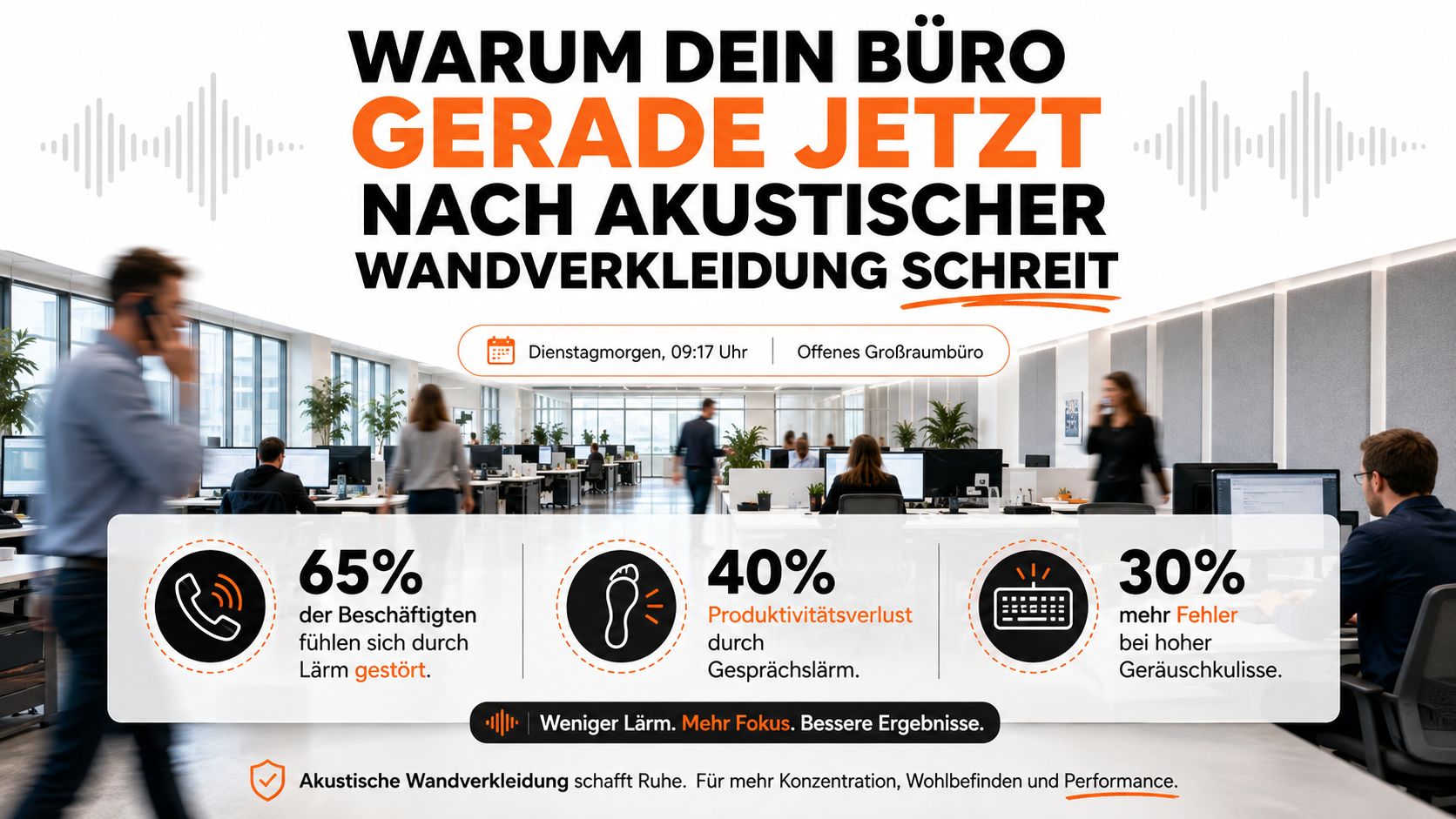 Ein Büro mit Akustikproblemen, das zeigt, wie Lärm die Produktivität und das Wohlbefinden der Mitarbeiter negativ beeinflusst.