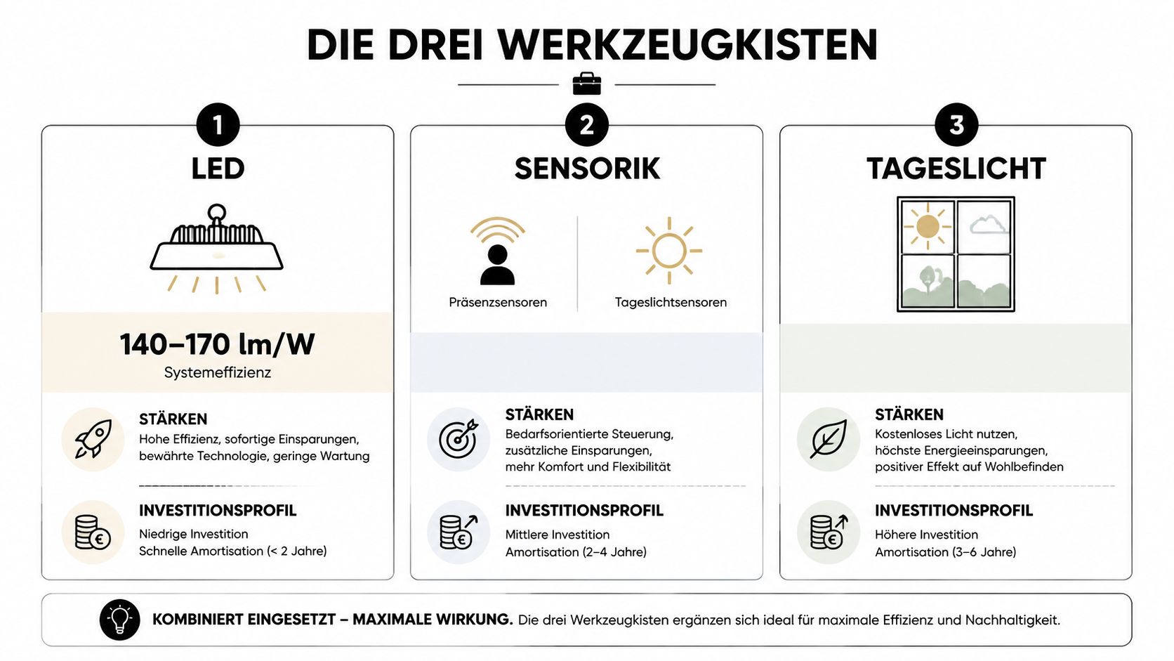 Übersichtsgrafik der drei Werkzeugkisten zur Energieeffizienz durch LED-Beleuchtung, Sensortechnik und Tageslichtnutzung in Gebäuden.