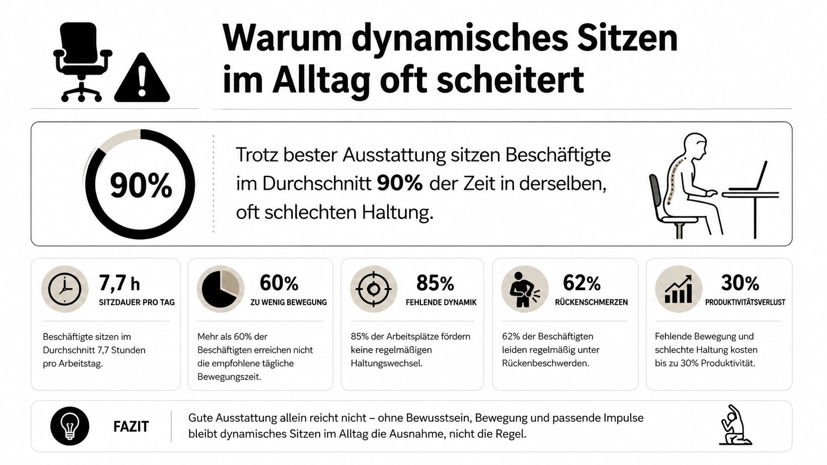Eine Infografik zeigt die Herausforderungen von dynamischem Sitzen am Arbeitsplatz und die gesundheitlichen Folgen von Bewegungsmangel.