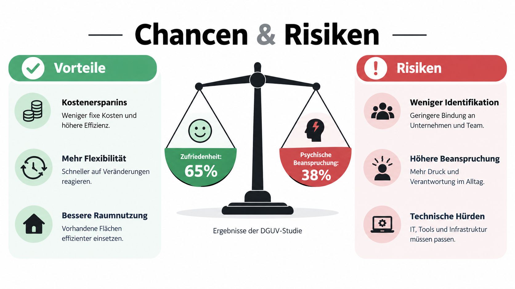 Grafik über Chancen und Risiken von Desk-Sharing-Konzepten mit statistischen Ergebnissen einer DGUV-Studie zur Mitarbeiterzufriedenheit.