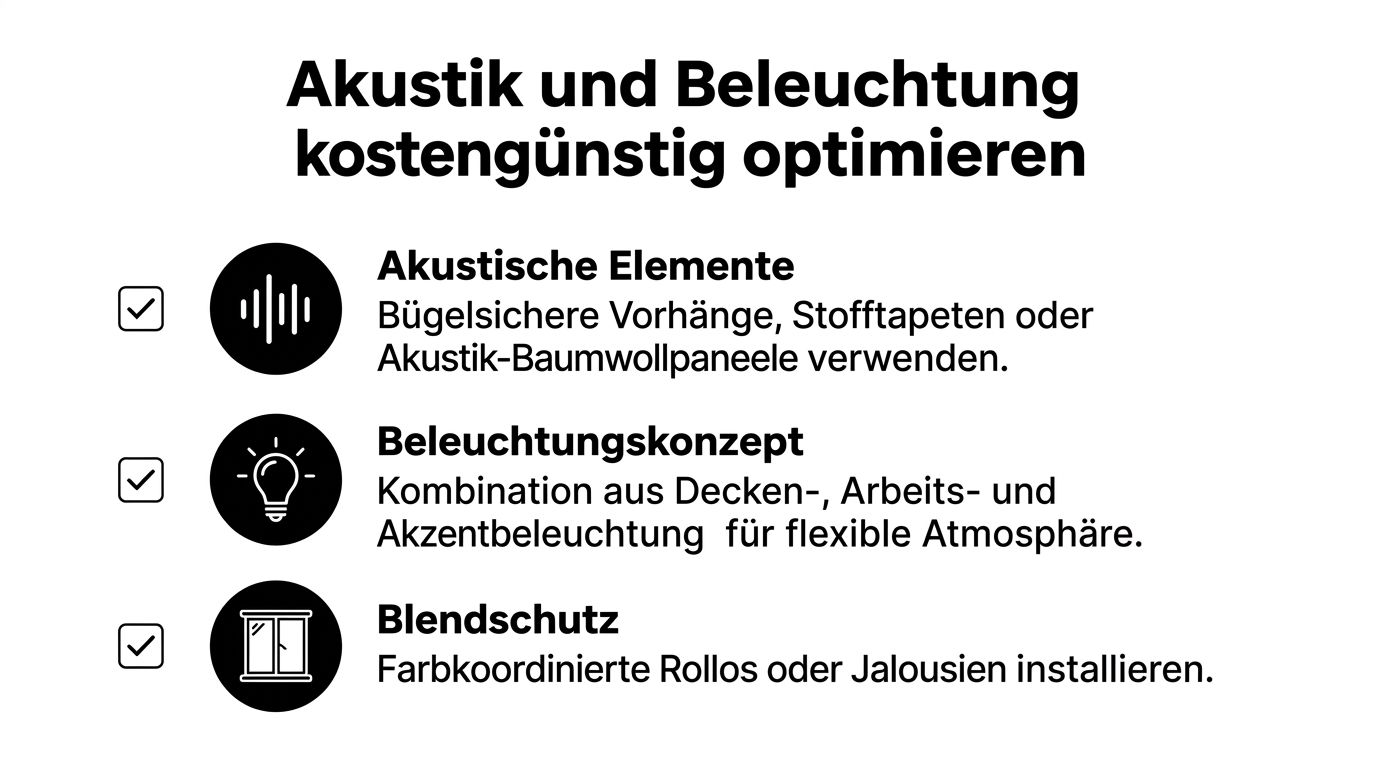Infografik zur kostengünstigen Optimierung von Raumakustik und Beleuchtung mit Tipps zu Vorhängen, Lichtkonzepten und Blendschutz.