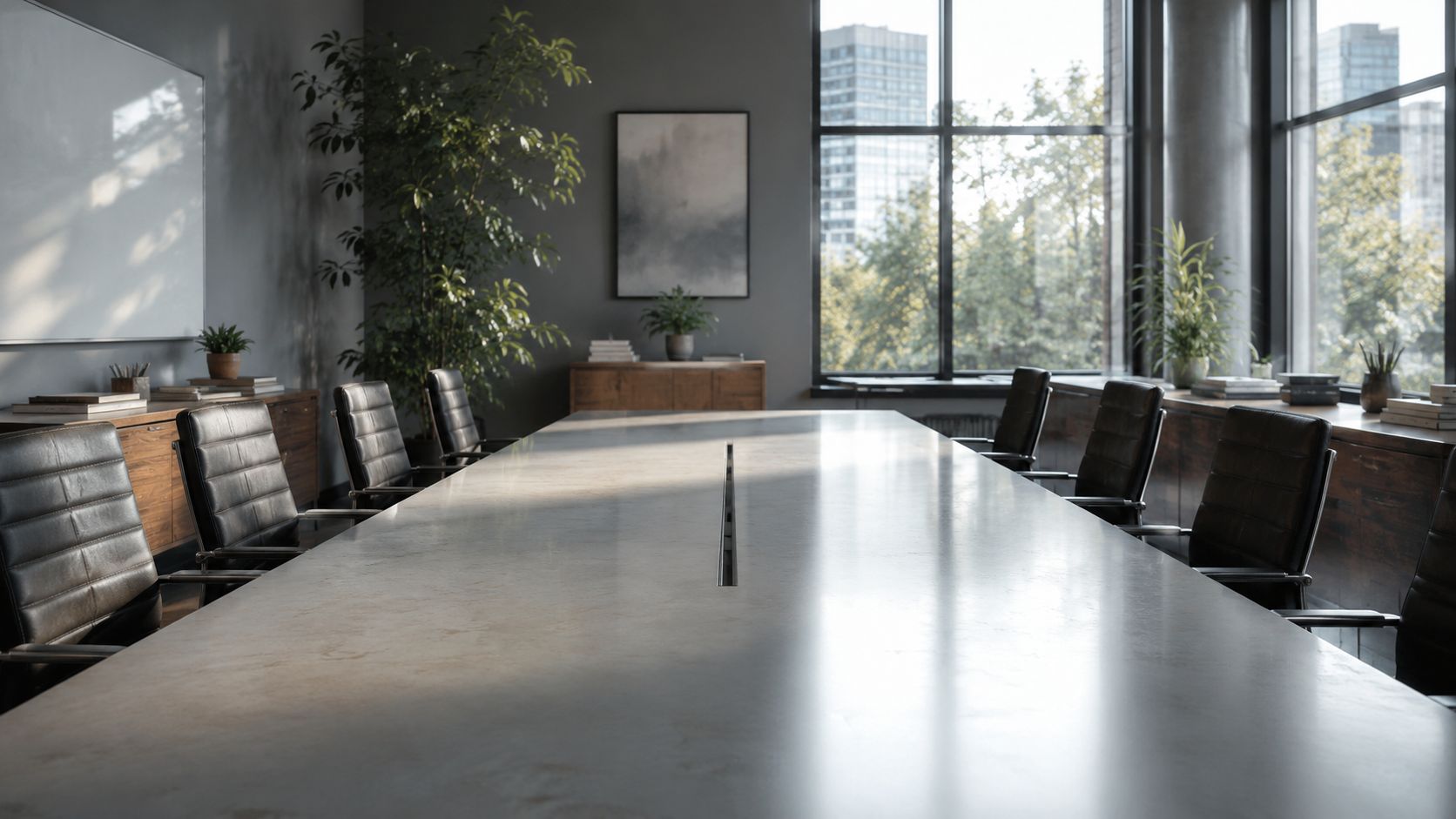 Ein moderner, eleganter Konferenzraum mit einem langen Steintisch, schwarzen Ledersesseln und großen Fenstern mit Stadtblick.